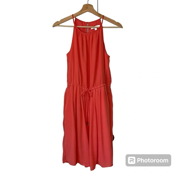 Banana Republic A Line Halter Solid Coral Cinch Waist Dress Capri Sz  2 summer - Picture 3 of 13